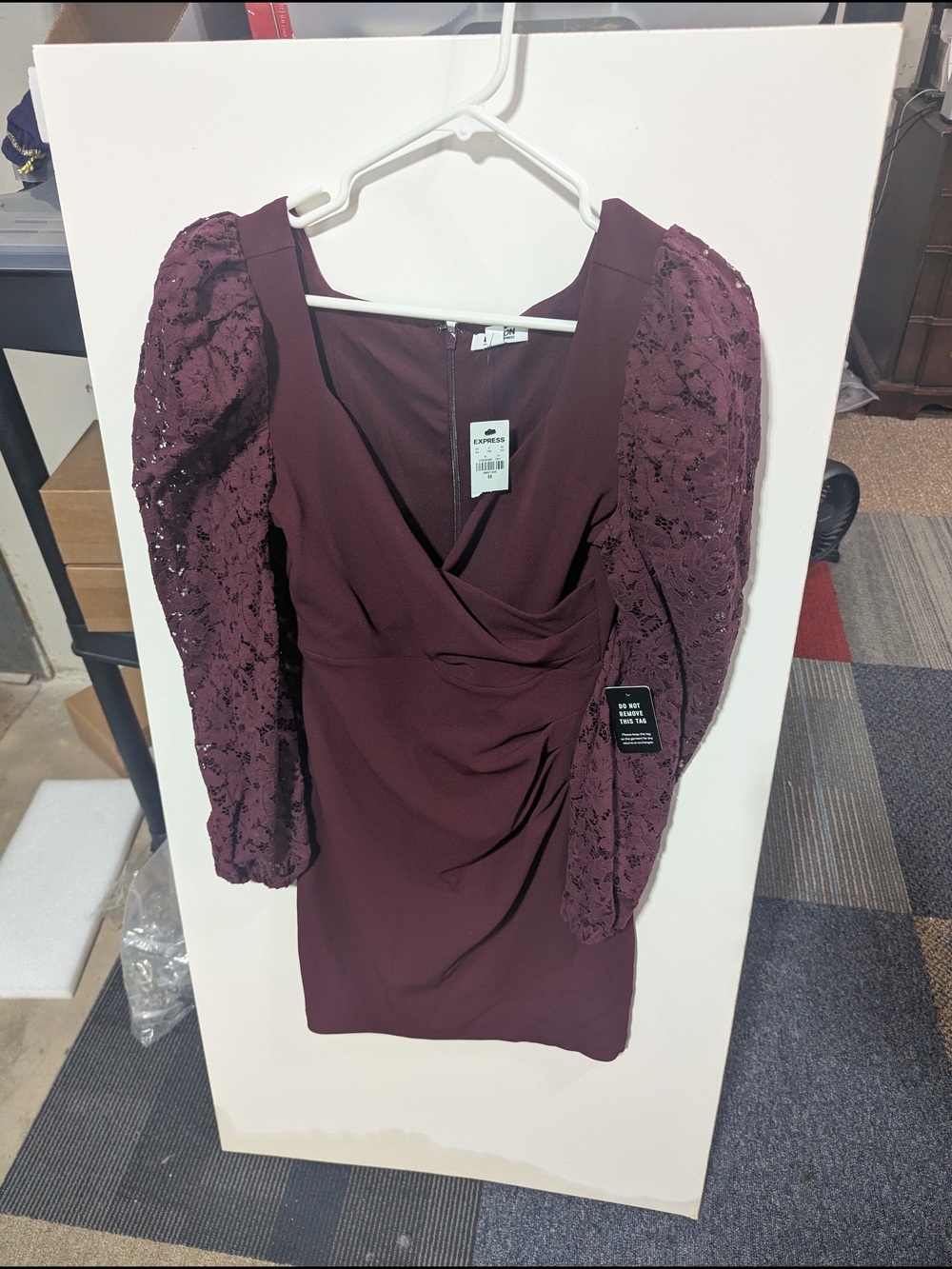 Express Plum Lace-Puff Sleeve Mini Dress